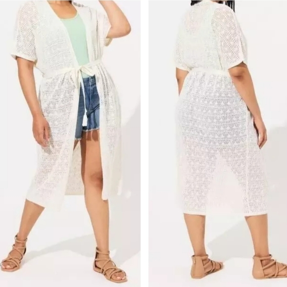 Torrid White Crochet Duster Short Sleeve Tie Waist Sweater Cover-Up Casual 1X-2X - Picture 13 of 13